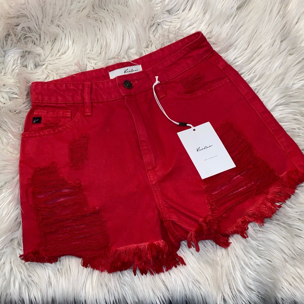 Red Ripped High Waisted Jean Shorts